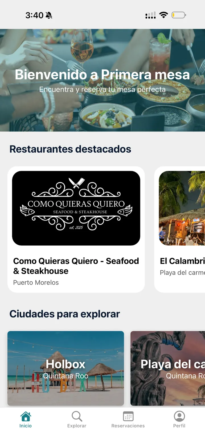 Primera Mesa app — home screen with featured restaurants