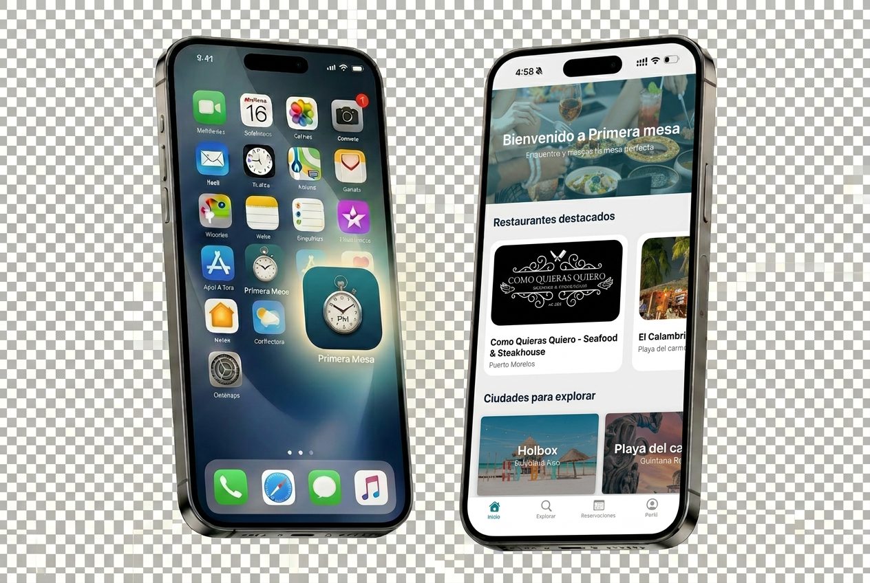 Primera Mesa app shown on two iPhones — login screen and restaurant detail